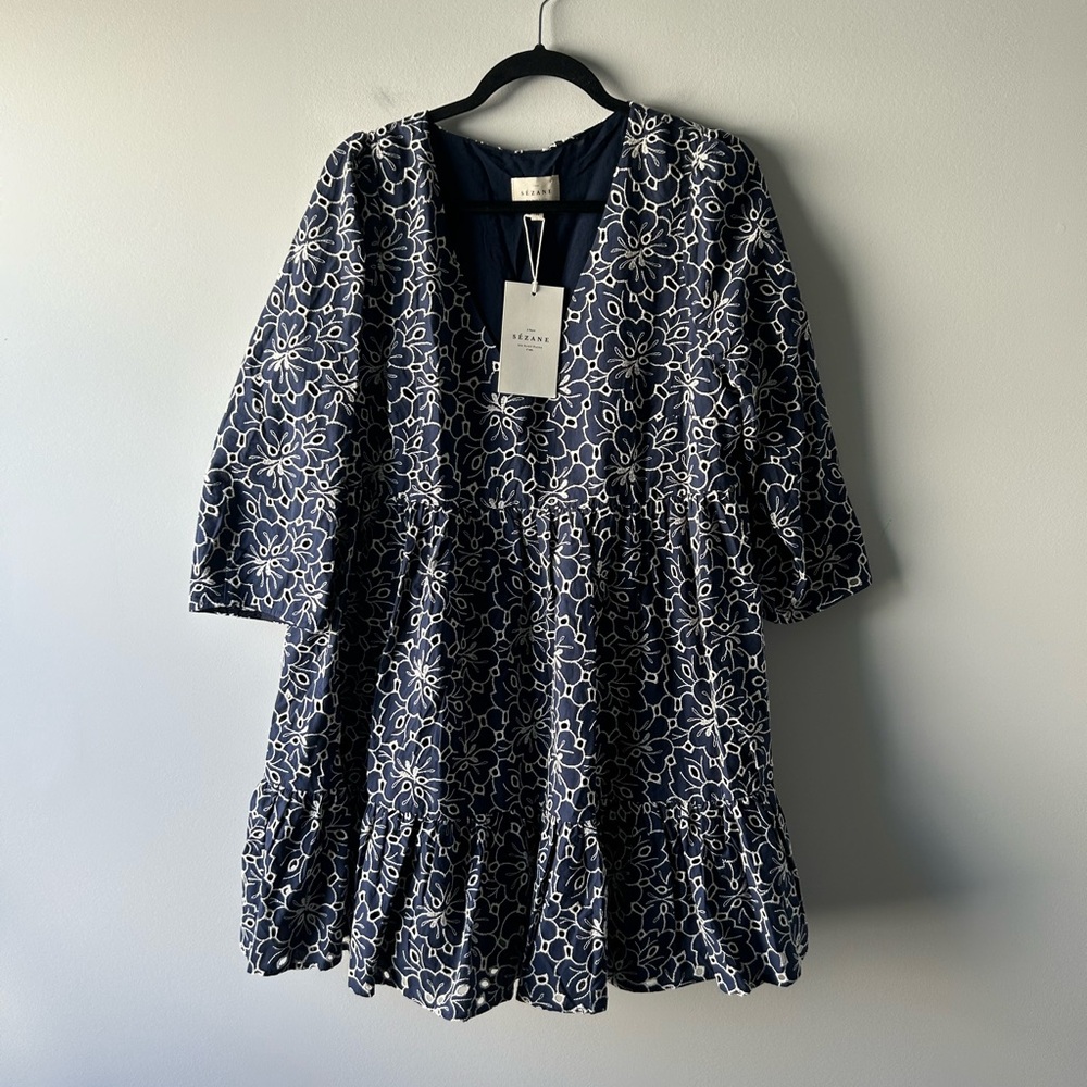 Sezane navy blue and cream embroidered Robe Aura dress